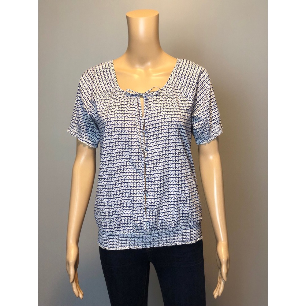 🆕 JOIE blue white printed front tie button top